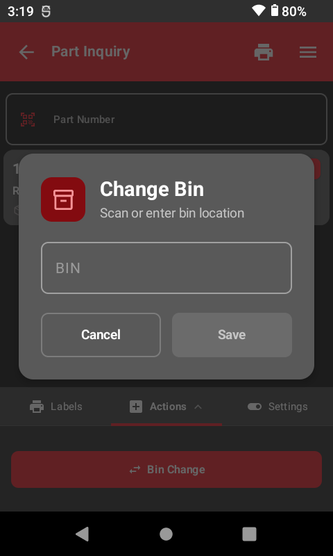 Bin change dialog