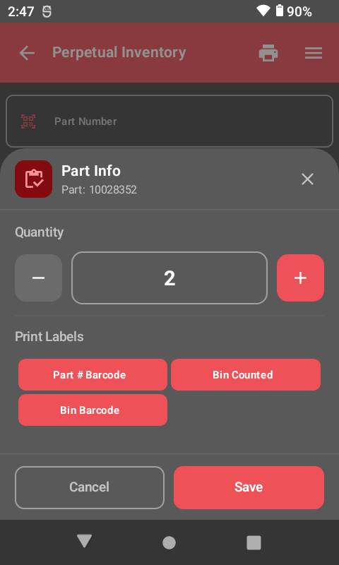 Edit part quantity during cycle count