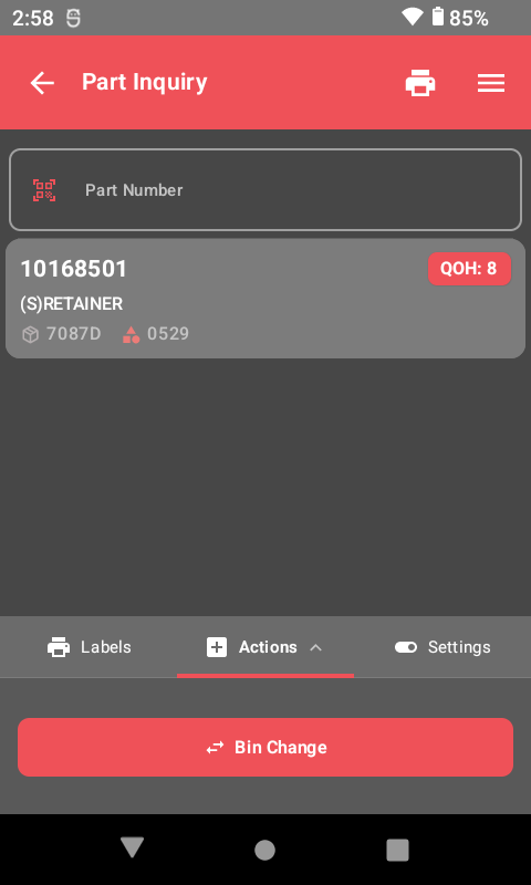 Part inquiry actions tab